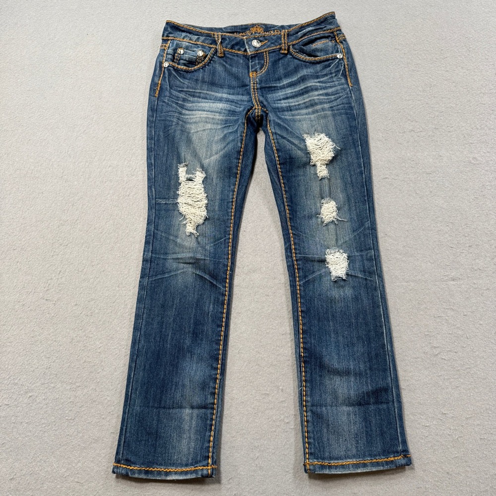 Almost Famous Jeans Womens 3 Blue Denim Slim Fit Rhinestone Distressed Whiskered
